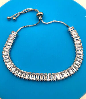 Baguette Silver Overlay Slider Tennis Bracelet Made with Swarovski Elements Sz 9